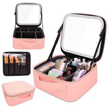 Netscroll Kovček za ličila, kozmetični kovček in organizator z lučko in ogledalom, prilagodljive pregrade, za profesionalno in domačo uporabo, dostopen v roza in črni barvi, USB polnjenje, MakeupCase