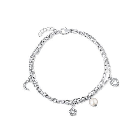 JwL Luxury Pearls Dvojna zapestnica iz srebra šterlinga z obeski in pravim biserom JL0802