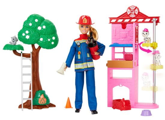 Mattel gasilska postaja Barbie s punčko, svetlimi lasmi, 2 živalmi in 10+ igralnimi figurami (HRG55)