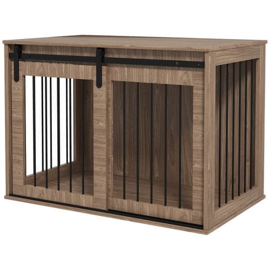 PAWHUT Pasja Kletka Pasji Boks Z Drsnimi Vrati, Notranja Pasja Uta Z Videzom Lesa, Zaklepanje, Za Velike Pse Do 30 Kg, 98 X 58 X 67 Cm, Oreh