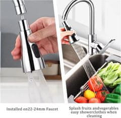Netscroll Nastavek za kuhinjsko pipo, 360° vrtljiva glava, 3 nastavitve vodnega toka (močan tok, razpršen tok in varčen način), nerjaveče jeklo, AdjustableFaucet