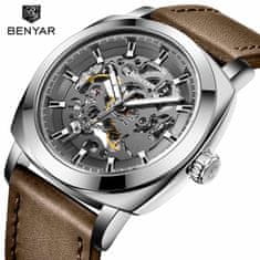 Benyar Moška ročna ura Mechanical Skeleton Silver Brown
