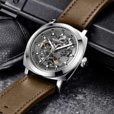 Benyar Moška ročna ura Mechanical Skeleton Silver Brown