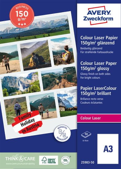 Avery Zweckform papir 25983-100, 150 g, 50 listov, za laserske tiskalnike, A3, foto papir, za tiskanje