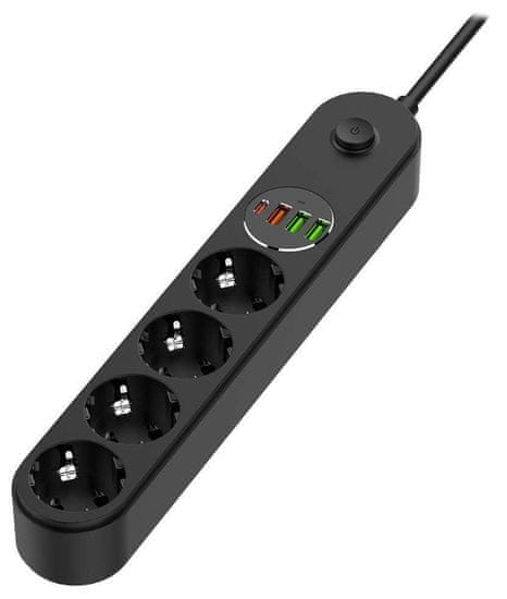 ColorWay Podaljševalni napajalni kabel/ 4x Schuko/ 3x USB-A / 1x USB-C/ 45W/ črn/ 2m kabel