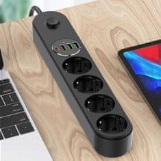 ColorWay Podaljševalni napajalni kabel/ 4x Schuko/ 3x USB-A / 1x USB-C/ 45W/ črn/ 2m kabel