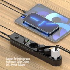 ColorWay Podaljševalni napajalni kabel/ 4x Schuko/ 3x USB-A / 1x USB-C/ 45W/ črn/ 2m kabel