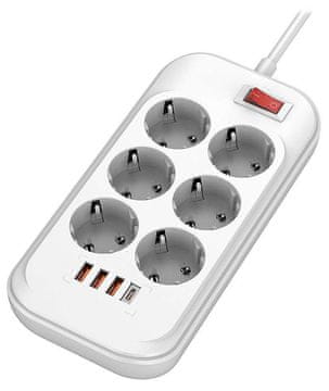 ColorWay Podaljševalni napajalni kabel/ 6x Schuko/ 3x USB-A / 1x USB-C/ 36W/ 2m kabel