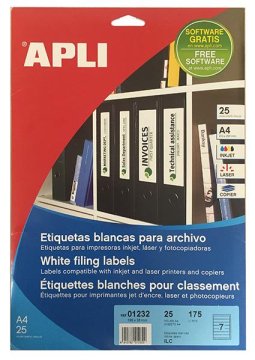 Apli Bele nalepke, 190 x 38 mm, 7/stran 25 listov (registratorji ozki)