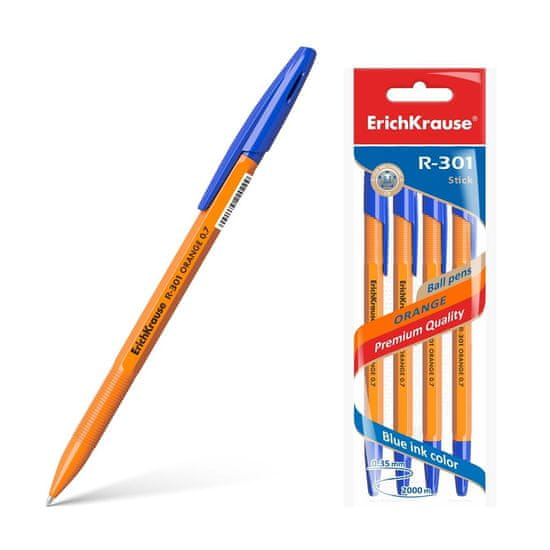 Erich Krause Kemični svinčnik R-301 0,7, moder Orange Stick s pokrovčkom, 4 kos, 24 KOS