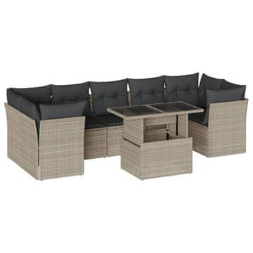 Vidaxl Vrtna sedežna garnitura 8-delna z blazinami sv. siv poli ratan