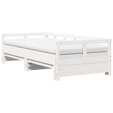 Vidaxl Izvlečna dnevna postelja z vzmetnico bela 90x200 cm borovina