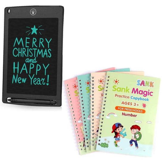 Netscroll LED tablica s pisalom, 4 delovni zvezki za učenje pisanja in risanja, čarobni svinčnik, LCD, večkratna uporaba, samobrisalna, izboljšuje motoriko, KidsBundle