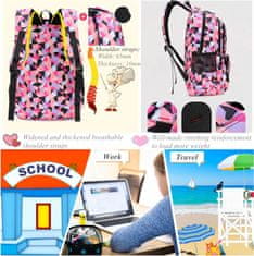 Netscroll 3-delni komplet šolskega nahrbtnika z dodatnima torbama, prostoren in trpežen nahrbtnik z ergonomsko zasnovo, na voljo v roza barvi, vodoodporen, šolska torba, SchoolBag