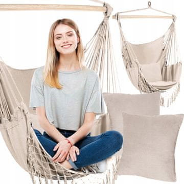 Malatec Brazilski viseči stol mreža gugalnica 125x97cm do 120kg bež + 2 blazine