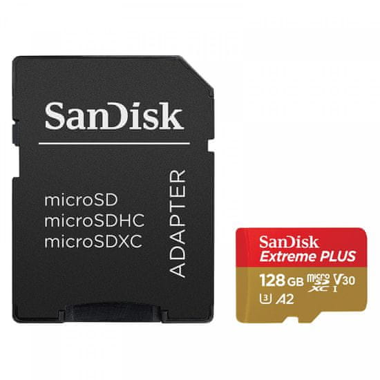 SanDisk Extreme PLUS microSDXC 128GB + SD Adapter branje 200MB/s & pisanje 90MB/s A2 C10 V30 UHS-I U3