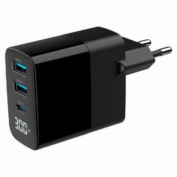 Gembird TA-UC-PDQC30LCD-BK-02 3-portni USB A/C PD/QC 3.0 30W/ 3A hitri polnilnik USB črn LCD (stanje polnjenja)