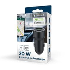 Gembird hitri avto polnilec z 2 vrati USB A/C PD/QC, črn 20 W, 2.2A (TA-UC-A2PDQC20-CAR-01)