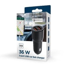 Gembird TA-UC-A2QC36-CAR-01 hitri avto polnilec z 2 vrati USB QC, črn 36 W, 3A