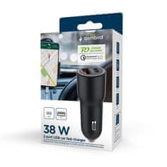 Gembird TA-UC-AC2PDQC38-CAR-01 hitri avto polnilec z 2 vrati USB PD/QC, črn 38 W, 3A