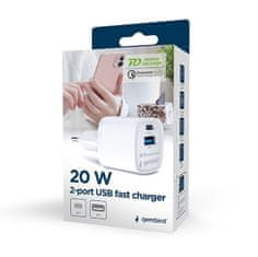 Gembird hitri polnilec USB A/C PD/QC 3.0 2 porta 20W / 3 A bel (TA-UC-PDQC20-W-01)