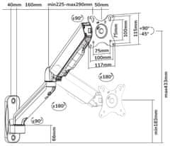 Neomounts WL70-450BL11/Display holder/wall mount/17-32"/skladanje/obračanje/plinski bat/3 čepi/VESA 100X100/nosilnost 9 kg/črna
