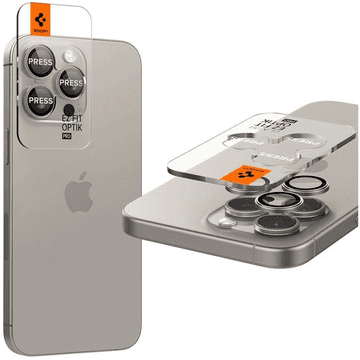 Spigen Zaščitno steklo Spigen Optik PRO Glas.TR EZ FIT za kamero, 2 kosa, za iPhone 14 PRO / PRO MAX / 15 PRO / PRO MAX / 16 PRO / PRO MAX, naravno titanovo