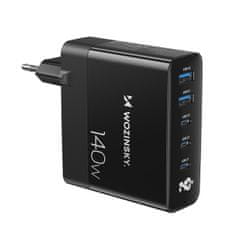 WOZINSKY Mrežni polnilnik 100–240 V GaN 140 W 3x USB-C / 2x USB-A črn