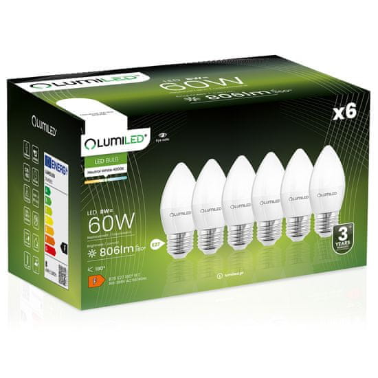 LUMILED 6x LED žarnica E27 B35 8W = 60W 806lm 4000K Nevtralno bela 180°