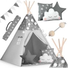 shumee Teepee šotor za otroke z girlando in lučkami Nukido - siv z zvezdicami