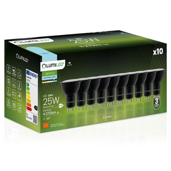 LUMILED 10x LED žarnica GU10 3W = 25W 270lm 6500K Hladno bela 120° Črna