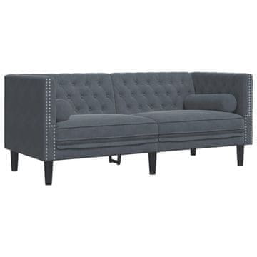 Vidaxl Kavč chesterfield z vzglavniki dvosed temno siv žamet