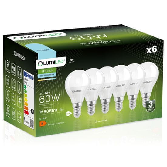 LUMILED 6x LED žarnica E14 P40 8W = 60W 806lm 6500K Hladno bela 180°