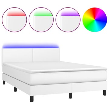 Vidaxl Box spring postelja z vzmetnico LED bela 140x190cm umetno usnje