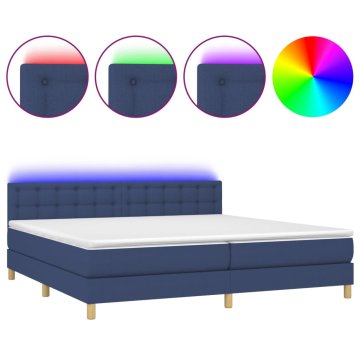 Vidaxl Box spring postelja z vzmetnico LED modra 200x200 cm blago