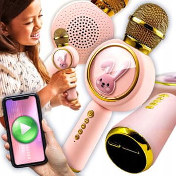 Dexxer USB aku. 800mAh bluetooth 5.1 SD karaoke mikrofon z zvočnikom RGB LED zajček roza