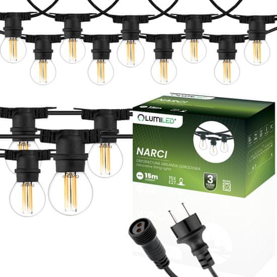 LUMILED Vrtna zunanja svetilka svetlobna veriga 15m GIRLANDA NARCI + 15x LED žarnica E27 7W 4000K