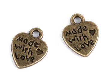 Obesek srce 10x12 mm - (Made with love) stara medenina s patino (10 kosov)