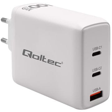 Qoltec 100W GaN stenski polnilnik | 5–20 V | 1,5–5 A | 2 x USB-C PD | 1 x USB QC 3.0 | Prenosnik | Pametni telefon | Bela