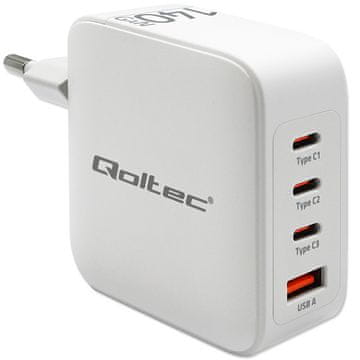 shumee Qoltec 140W GaN stenski polnilnik | 5–20 V | 2,5–5 A | 3 x USB-C PD | 1 x USB QC 3.0 | Prenosnik | Pametni telefon | Bela