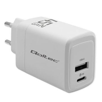 shumee Qoltec 45W GaN stenski polnilnik | 5–20 V | 1,5–3 A | 1 x USB-C PD | 1 x USB QC 3.0 | Bela
