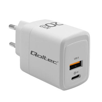 shumee Qoltec 20W GaN stenski polnilnik | 5–20 V | 1,5–3 A | 1 x USB-C PD | 1 x USB QC 3.0 | Bela