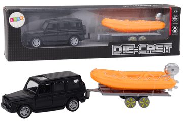slomart LEAN TOYS Terensko vozilo (črno) s prikolico in čolnom (oranžni)