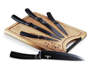 Berlingerhaus Komplet nožev s površino proti prijemanju + deska za rezanje 6 kosov Black Rose Collection BH-2550