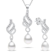 Brilio Silver Eleganten srebrn komplet nakita s cirkoni in biseri SET267W (uhani, ogrlica)