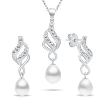 Brilio Silver Eleganten srebrn komplet nakita s cirkoni in biseri SET267W (uhani, ogrlica)