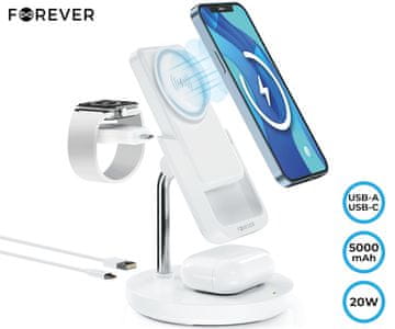 Forever MACS-100 5v1 magnetna brezžična polnilna postaja, powerbank, do 3 naprave, MagSafe, 20W