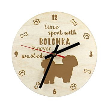 Artdog Bolonka, ruska pisana bolonja - ura s psom, lesena ura, stenska ura za ljubitelje psov, namizna in regalna ura, Art-Dog
