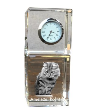 Artdog American Bobtail - kristalna ura s fotografijo, fotografija mačke v kristalu, personalizirana namizna ura Art-Dog