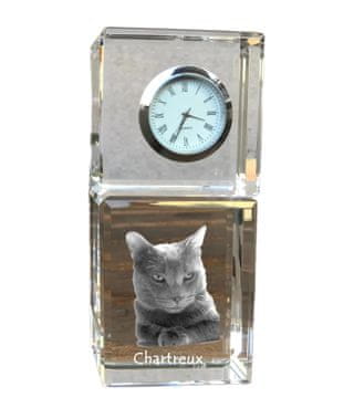 Artdog Chartreux - kristalna ura s fotografijo, fotografija mačke v kristalu, personalizirana namizna ura Art-Dog